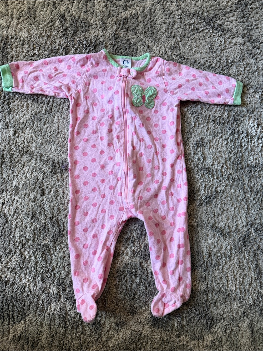 Gerber Pink Polka Dot Footed One-Piece with Green Trim